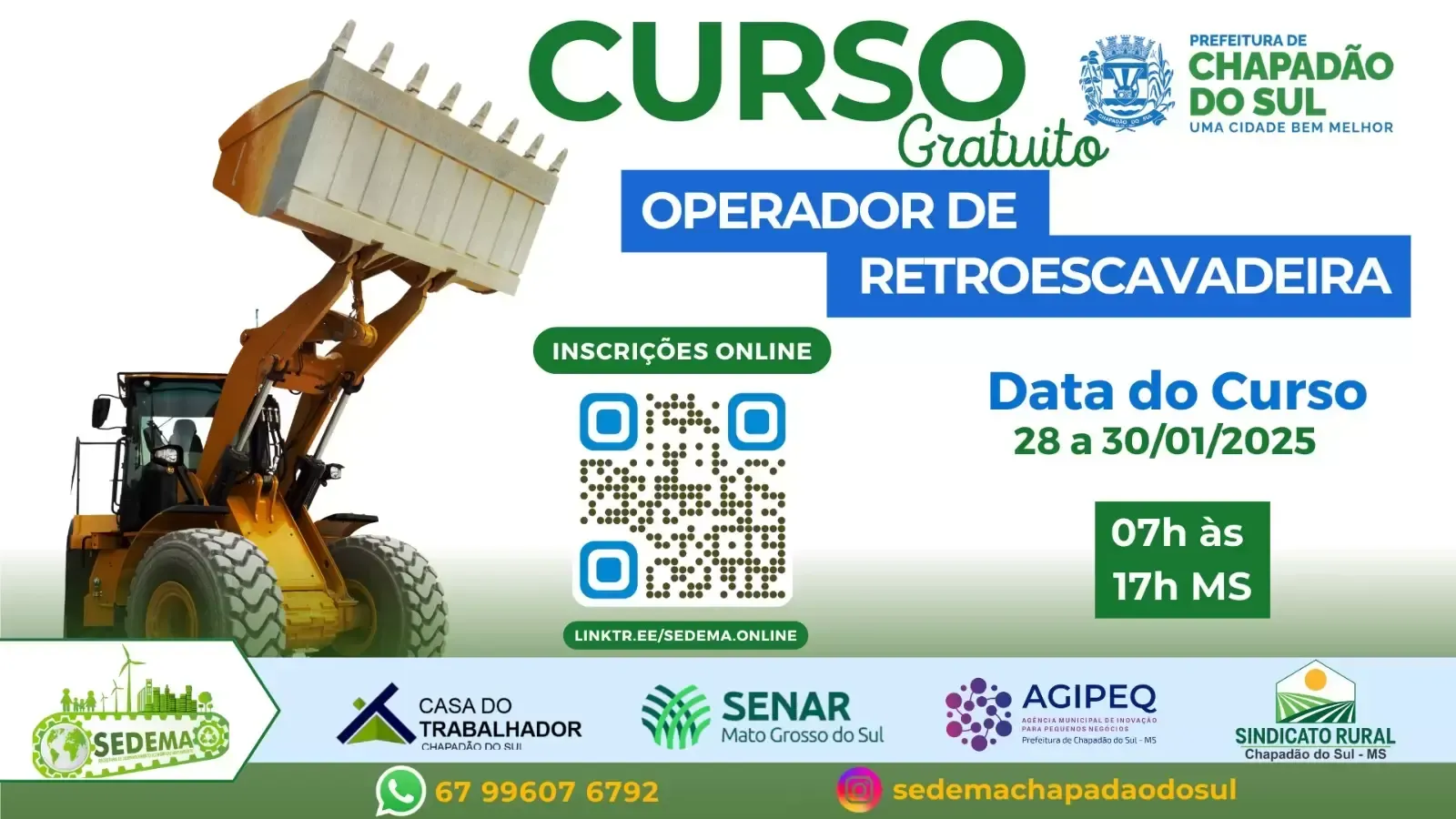 Imagem de compartilhamento para o artigo Prefeitura de Chapadão do Sul oferece curso de Operador de Retroescavadeira  da MS Todo dia